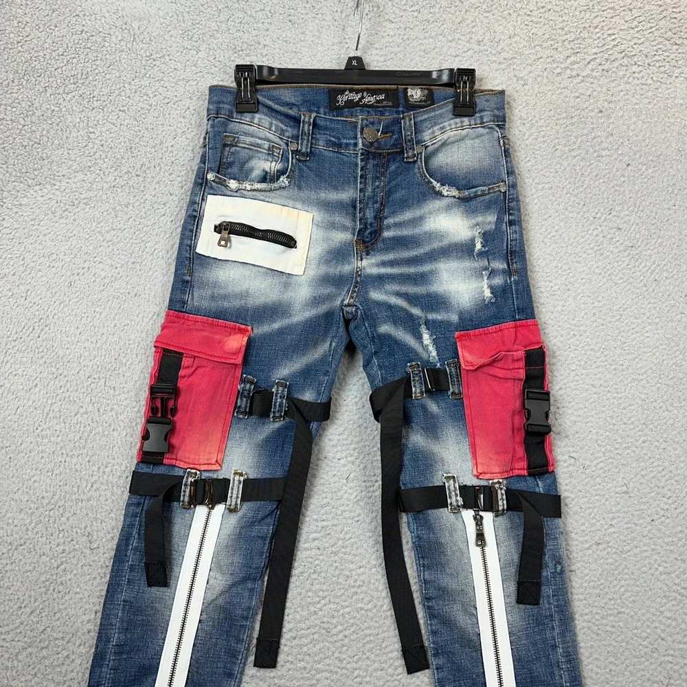 Heritage America Jeans Mens 28X31 Tactical Cargo Slim Blue Red Acid Wash Denim